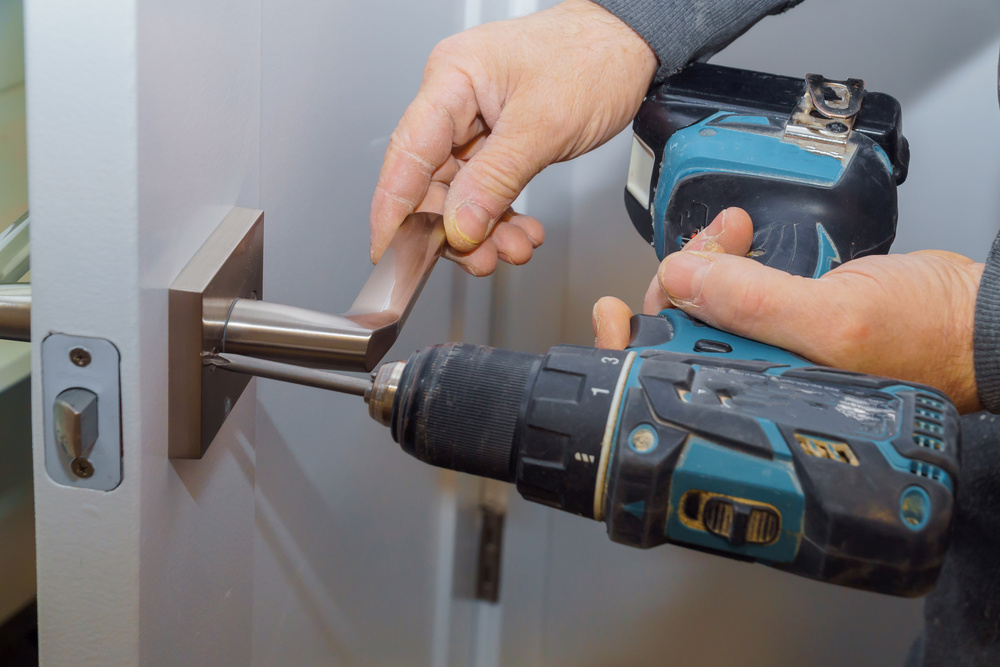 Installation Locked Interior Door Woodworker Hands Install Lock